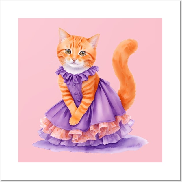 Ginger cat wearing purple dress for Halloween Wall Art by Luckymoney8888